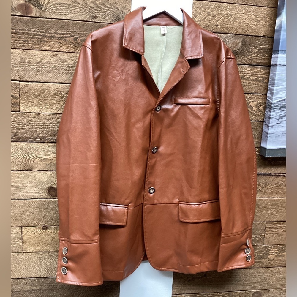 Faux Leather Button Front Jacket – Rust Brown – Size 2XL